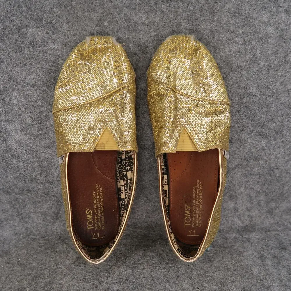 Toms Shoes Kids 1 Slip On Flats Casual Glitter Comfort Gold Metallic Youth Girls